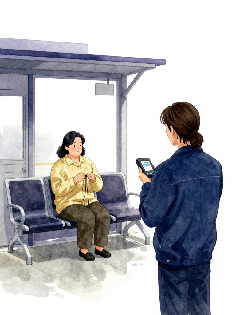 한윤서 sits in the station waiting area and demonstrates a practiced reverse knot with a short clean cord while 서이안 records the present account on a handheld terminal turned away. An unused chair marks the absent former teacher. Pale predawn light crosses damp concrete, the closed service door, and their restrained two-person interview. Setting: 무진선 남천역 7번 승강장.