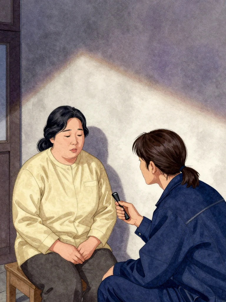 한윤서 sits upright, hands folded, eyes downcast, speaking calmly. 서이안 leans forward, small capped hand tool poised, ears tilted toward the speaker. Both are in a dimly lit room with muted tones. Light falls softly from above, casting gentle shadows.