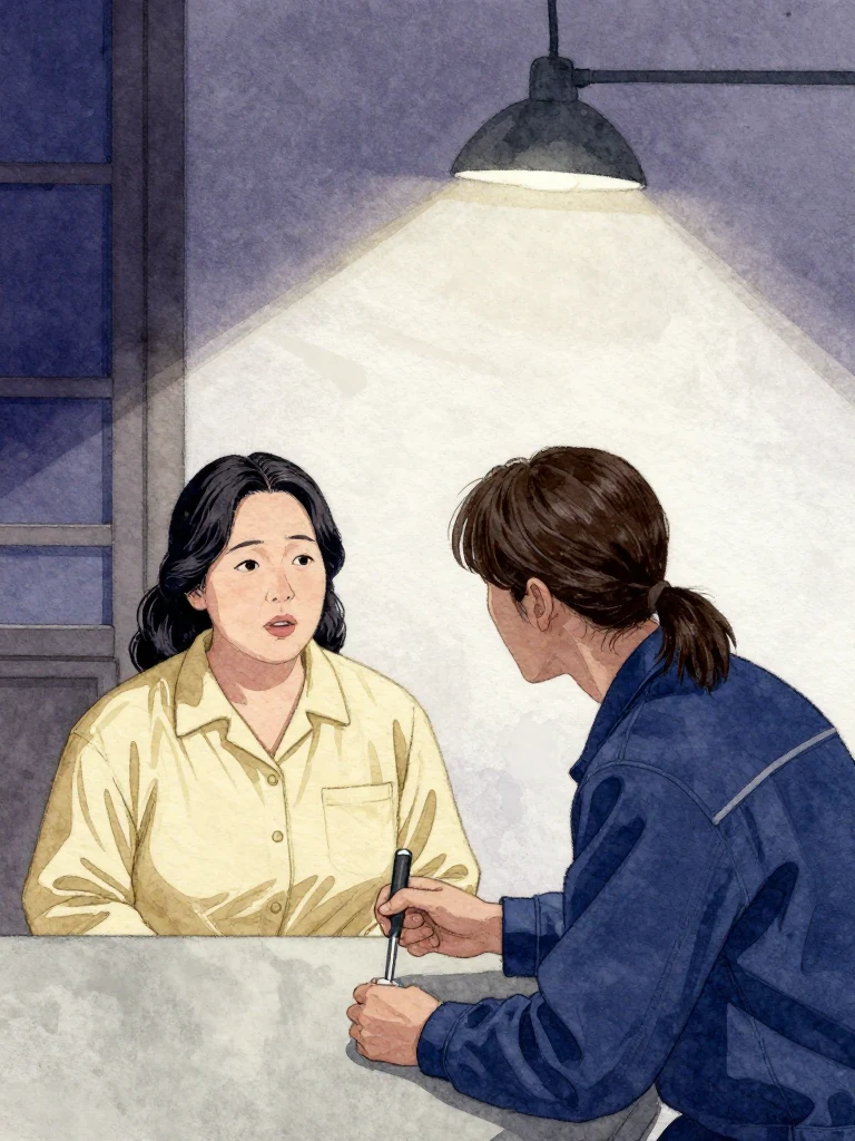 한윤서 sits upright, eyes fixed forward, mouth slightly parted as they finish speaking. 서이안 leans forward, small capped hand tool poised over plain surface, listening intently. The air is still, lit by soft overhead lamps, and silence hangs heavy between them.