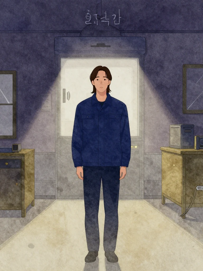 서이안 stands centered in a dimly lit room, posture upright, hands still, eyes fixed forward. A recording indicator glows faintly in the background. The ambient light casts soft shadows across the space. The composition keeps every visible silhouette spatially distinct and clearly legible.