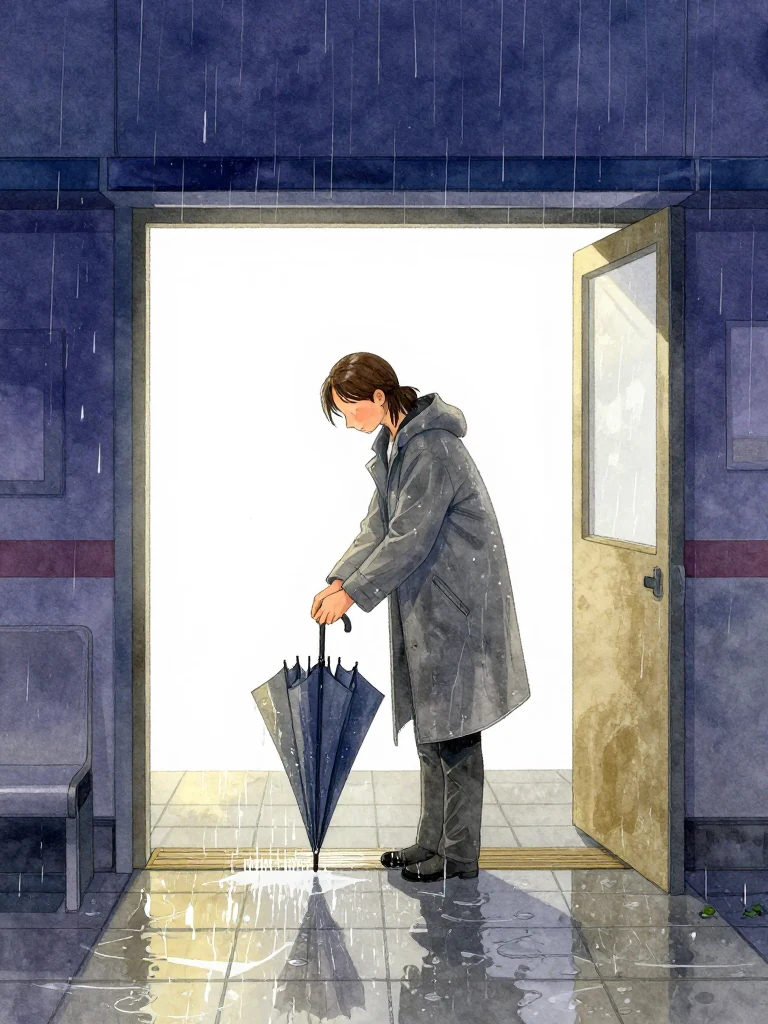 한재온 slowly folds a fully opened umbrella at the waiting-room entrance as a sudden sheet of collected rainwater spills across the tiled floor. Cool station light catches the falling water, broad puddle, damp threshold, and steady hands. The centered composition turns the long wet arrival into one restrained physical gesture before the ongoing testimony. Setting: 무진선 남천역 7번 승강장.