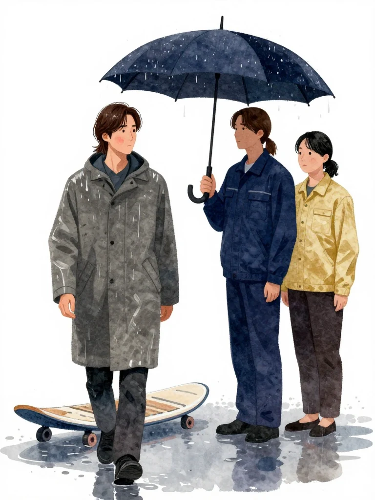 한재온 walks forward toward a waterproof board, eyes fixed on 서이안, ignoring 한윤서 standing nearby. Rainwater drips from an umbrella held by the same person. The scene is dimly lit, indoors, with wet floors reflecting muted light. the same person remains still, facing the same person. the same person stands slightly behind, observing silently.