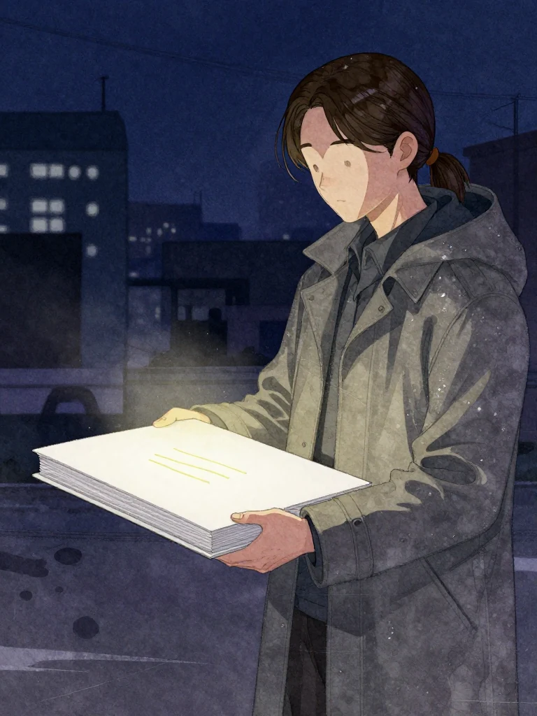 한재온 holds a sealed closed featureless bound object, its contents protected by double wrapping, revealing a single sheet marked with three fluorescent small capped hand tool lines. The plain surface rests in their hands, its edges crisp, under dim, clinical light. Visible objects: 내일의 상주 동패.