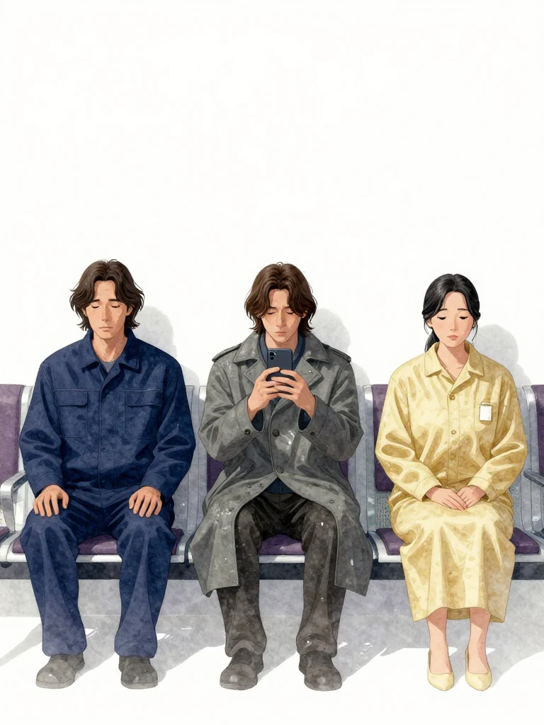 서이안 sits still, reviewing material, 한재온 holds a phone, capturing an image, and 한윤서 gazes at a tag in their pocket. All three sit in silence in a dim, cold waiting room. The air feels heavy, layered with three different temperatures. Visible objects: 내일의 상주 동패.