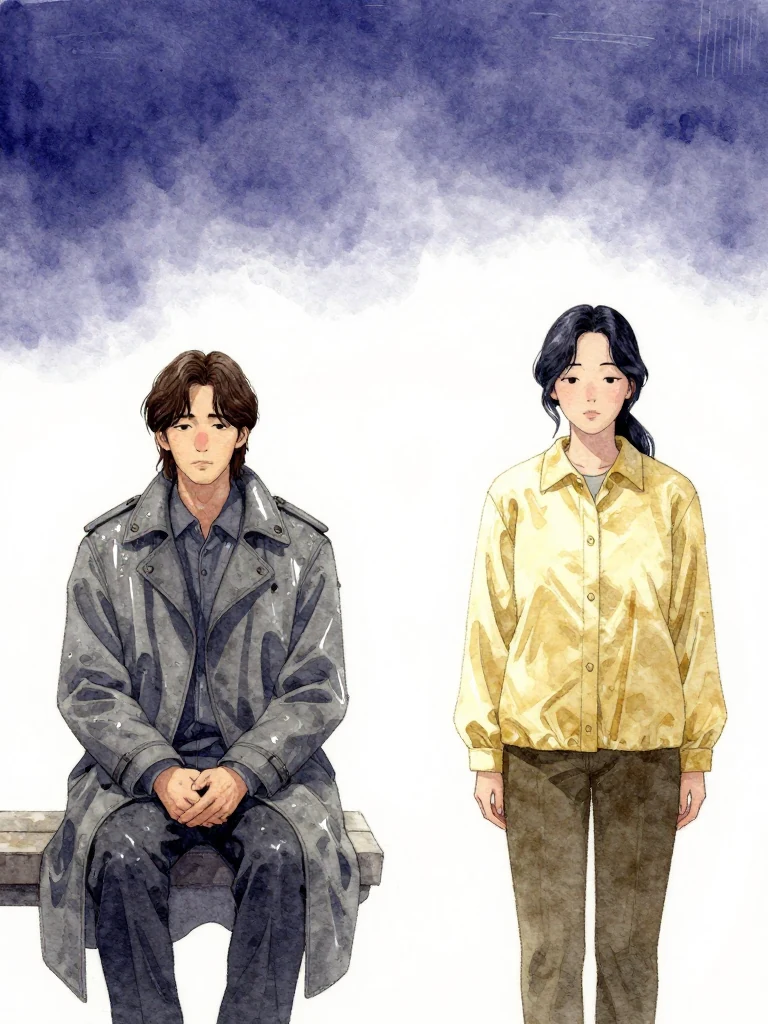 한재온 sits upright, hands folded, gaze fixed ahead. 한윤서 stands opposite, facing forward, posture still. Between them, a narrow space holds quiet tension. Light falls evenly from above. The air is still, heavy with unspoken presence.