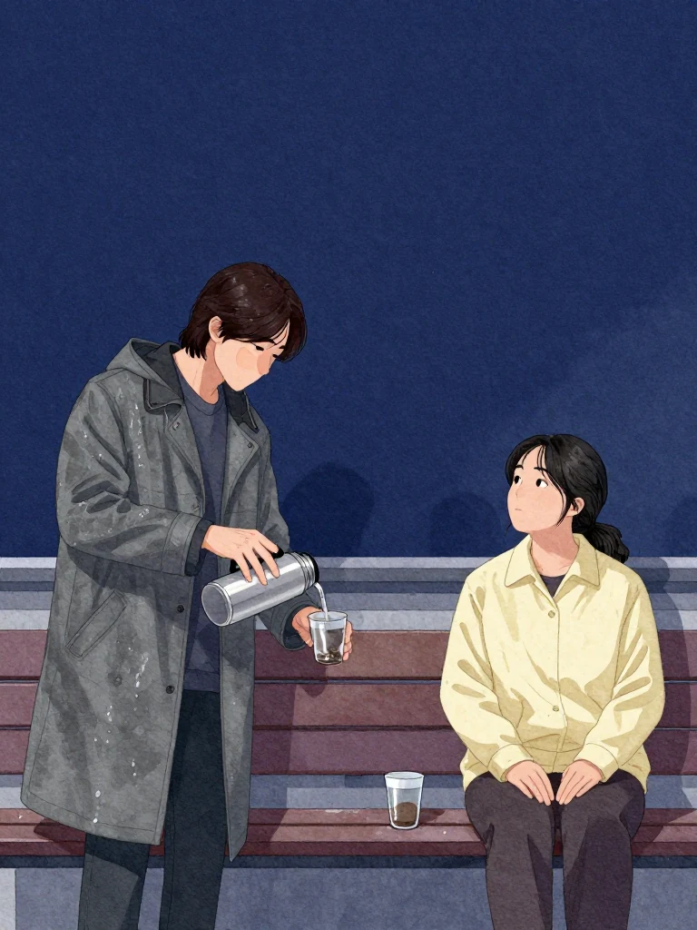 한재온 opens the waiting-room thermos and pours half its contents into one cup, then pushes the remaining half toward 한윤서. The same person stays across the low table with hands lowered after the difficult admission. Cool dawn light gathers on the open vessel, two cups, damp coats, and the occupied bench that signals continued presence. Setting: 무진선 남천역 7번 승강장.