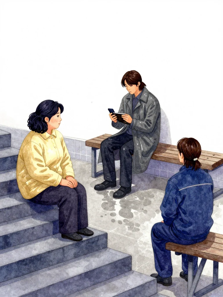 한윤서 pauses on the first stair and looks back toward 한재온, who sits at the waiting-room bench comparing a dark phone with a closed work pad. 서이안 waits lower on the stairway at a separate position. Pale dawn light reveals the healthy seated profile, damp concrete, and open route below as each person holds a distinct place. Setting: 무진선 남천역 7번 승강장.