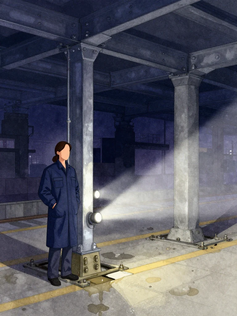 서이안 stands in the platform understructure with both hands inside coat pockets while two flashlight beams isolate a newly installed silver steel support beside the third concrete foundation. Fresh unweathered bolts, intact coating, and a two-finger load gap contrast with old water stains, cracked concrete, and layered repairs under cold predawn darkness. Setting: 무진선 남천역 7번 승강장.