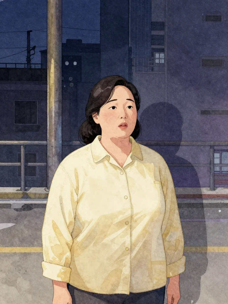 한윤서 stands still, mid-sentence, gaze fixed forward, mouth slightly parted. The air holds quiet tension. Behind them, faint metallic glint of a support pillar. Light is dim, artificial, casting sharp shadows. The composition keeps every visible silhouette spatially distinct and clearly legible.