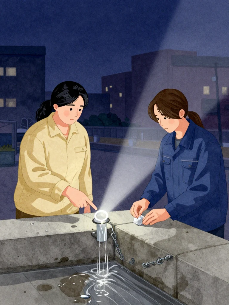 한윤서 points to a thin white salt ring where the new silver support meets wet concrete while 서이안 seals a small crystalline sample nearby. A diverted drainage groove carries rhythmic water toward the same foundation. Flashlight beams catch fresh bolts, clean steel, soaked concrete, and the narrow physical chain linking recent work to the platform understructure. Setting: 무진선 남천역 7번 승강장.