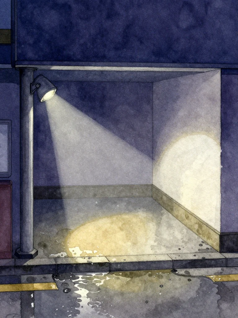 A flashlight beam crosses the bare one-room alcove beneath the platform service door. A wet semicircle marks the concrete floor where repeated waiting has kept runoff away, while shallow water gathers along the surrounding edge. Silver support light, dark drainage channels, and the low threshold make the vacant physical position the sole visual center. Setting: 무진선 남천역 7번 승강장.