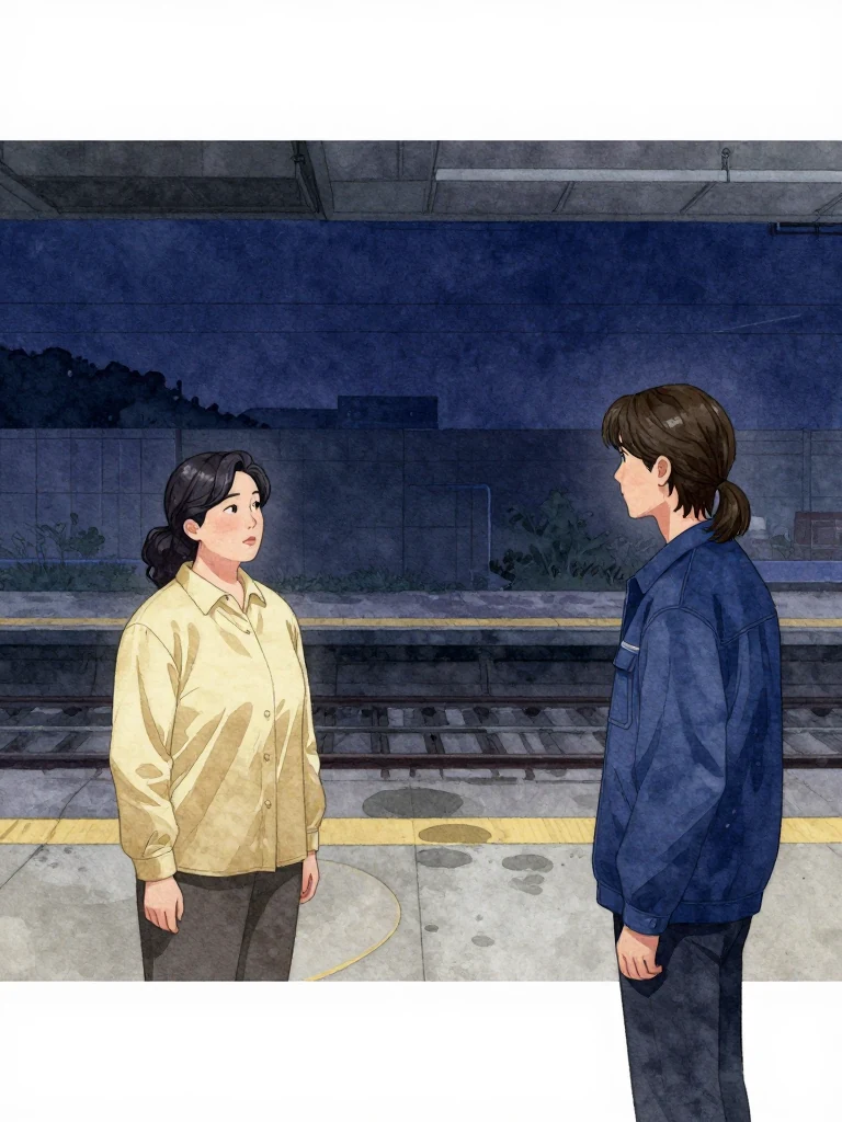 한윤서 stands still, gazing at an empty platform space marked by a wet semicircle on the floor. 서이안 stands nearby, posture subdued, acknowledging her refusal. Both are framed under dim, artificial light, within an uncluttered space or other figures. The air feels still, heavy with unspoken weight. Setting: 무진선 남천역 7번 승강장.