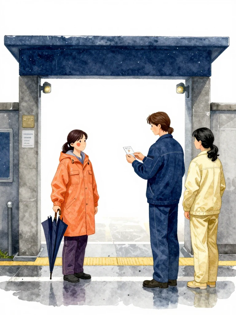 목서라 stands beyond the platform control line in an orange raincoat with a folded umbrella and left hearing aid, turning the whole body toward the speakers. 서이안 checks the visitor's identification while 한윤서 listens beside the understructure entrance. Wet concrete, safety lamps, and the sealed stair frame the field witness's firm arrival conditions. Setting: 무진선 남천역 7번 승강장.