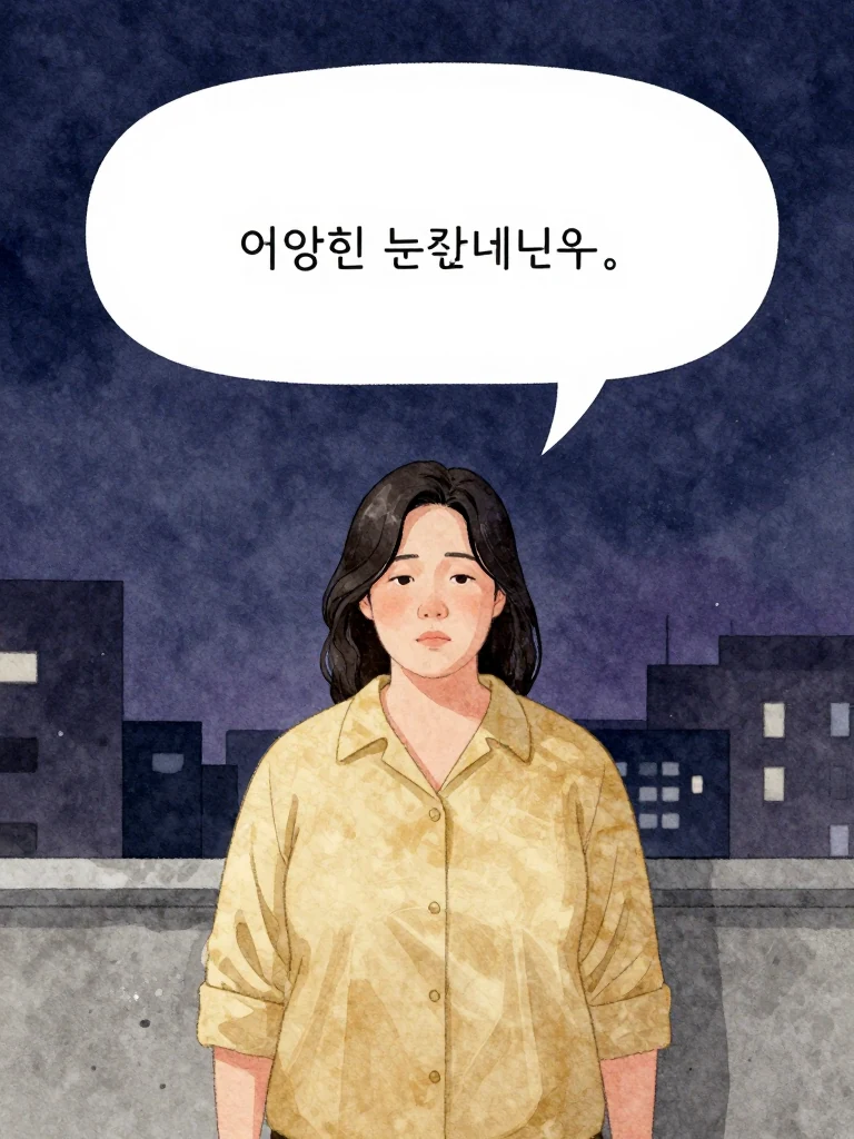 한윤서 stands still, shoulders slightly hunched, eyes fixed forward, absorbing the weight of a sentence. Her posture conveys quiet resolve, as if holding back a storm. The air around her feels heavy with unspoken history.