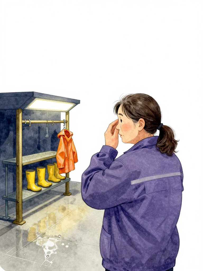 목서라 turns fully toward the understructure opening as recognition settles across the face, one hand touching the orange raincoat near the hearing aid. A cleaning-team equipment rack with compact yellow rubber boots rests beyond the control line. Cold station light and wet concrete support the practical realization about a short elderly worker's familiar waiting place. Setting: 무진선 남천역 7번 승강장.