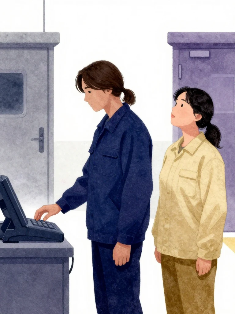 서이안 stands over a dark handheld terminal as the moving hand freezes above its plain surface. 한윤서 pauses beside the same person with shoulders lifted at the start of a breath. Flat station light settles across concrete, service doors, and both rigid silhouettes, holding the instant when a newly understood chain of consequences arrests their work. Setting: 무진선 남천역 7번 승강장.