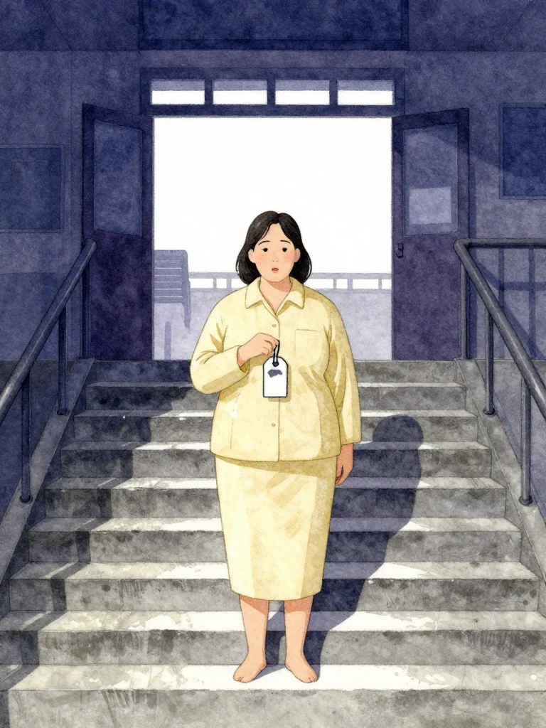 한윤서 stands on a staircase ascending toward a station hall, holding a pocket containing a mourning tag. The first mark on the tag is darkened. She recites the official notice aloud, eyes fixed forward, posture rigid. Light from above casts sharp shadows on the worn concrete steps. Setting: 무진선 남천역 7번 승강장. Visible objects: 내일의 상주 동패.