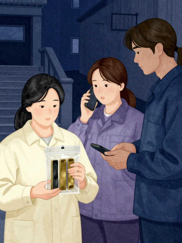 한윤서 holds the aged yellow brass object inside its transparent evidence pouch, presenting three plain vertical grooves with the first groove matte black. 목서라 lowers a dark phone after contacting the cleaning lead while 서이안 updates a handheld terminal turned away. Cold station light crosses the control line, stair mouth, and carefully separated evidence. Setting: 무진선 남천역 7번 승강장. Visible objects: 내일의 상주 동패.