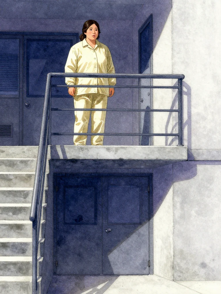 한윤서 stands at the upper landing with lips moving softly and gaze fixed toward the lower service door, one hand resting near the stair rail. Cool morning light runs down the concrete steps while the empty threshold below becomes the visual center. The steady posture conveys a shift from urgent rescue toward patient protection through position alone. Setting: 무진선 남천역 7번 승강장.