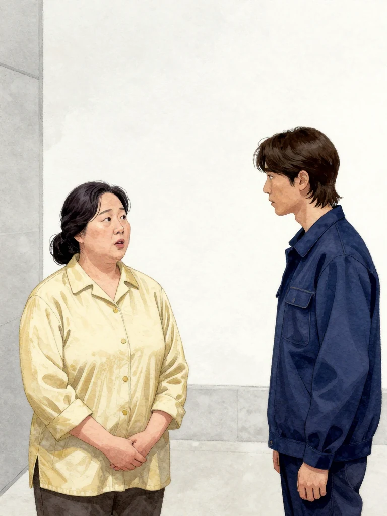 한윤서 stands still, hands clasped, eyes fixed forward, speaking in measured tones. 서이안 leans slightly forward, listening intently, posture tense. The air is heavy with quiet urgency. Light is flat and neutral, suggesting an enclosed, sterile space.