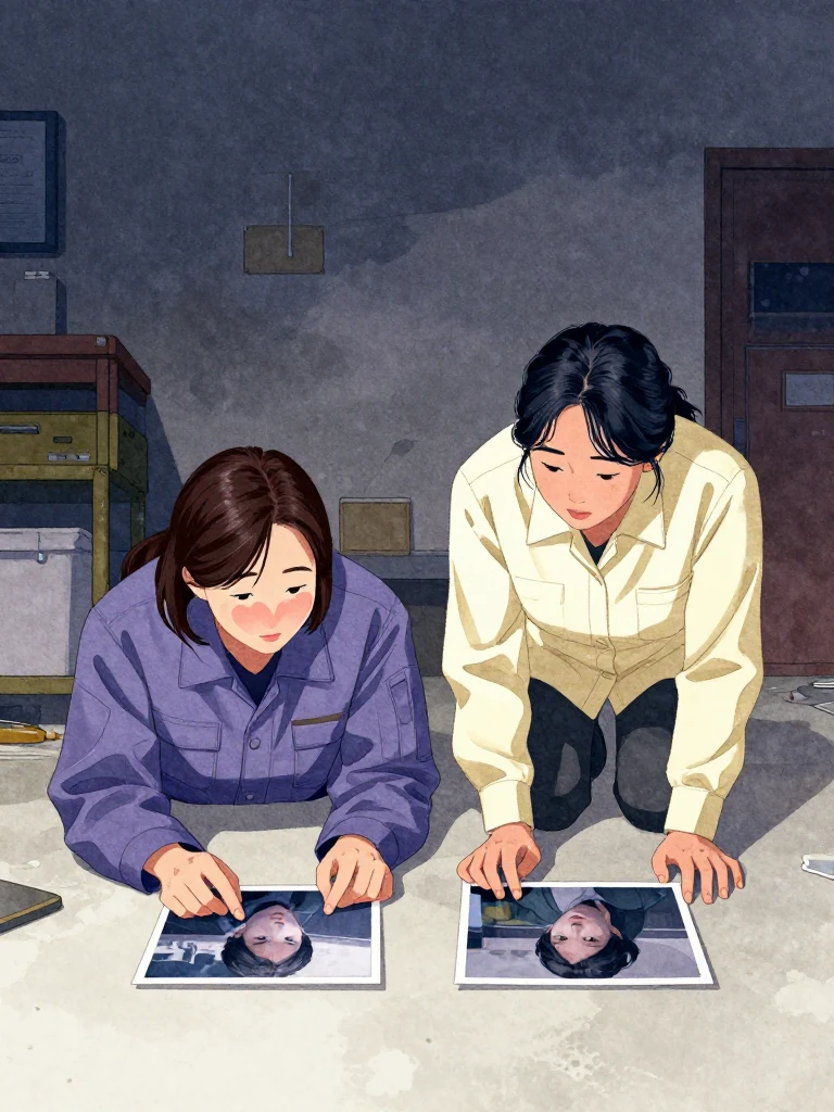 목서라 lays two photographs side by side on the floor. 한윤서 leans forward to examine them. The room is dimly lit, with muted tones and scattered items around. Both characters are focused on the images, their hands hovering near the photos.