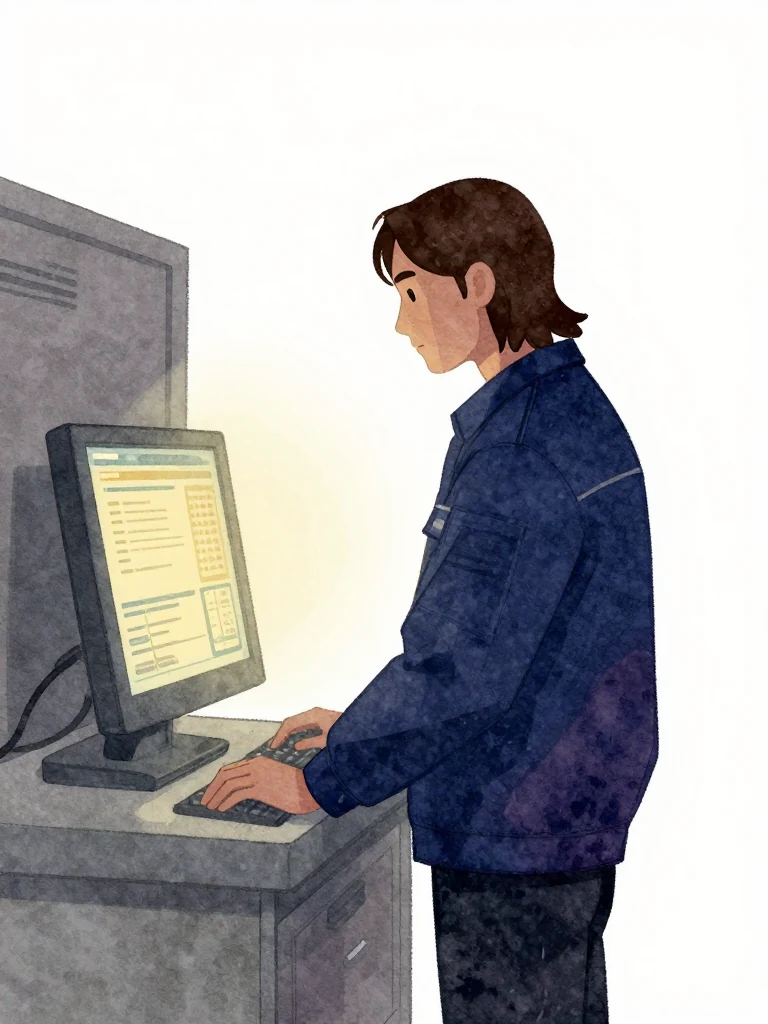 서이안 stands before a terminal, hands resting near controls, gaze fixed on displayed data. The room is dim, lit only by the monitor's glow. The composition keeps every visible silhouette spatially distinct and clearly legible.