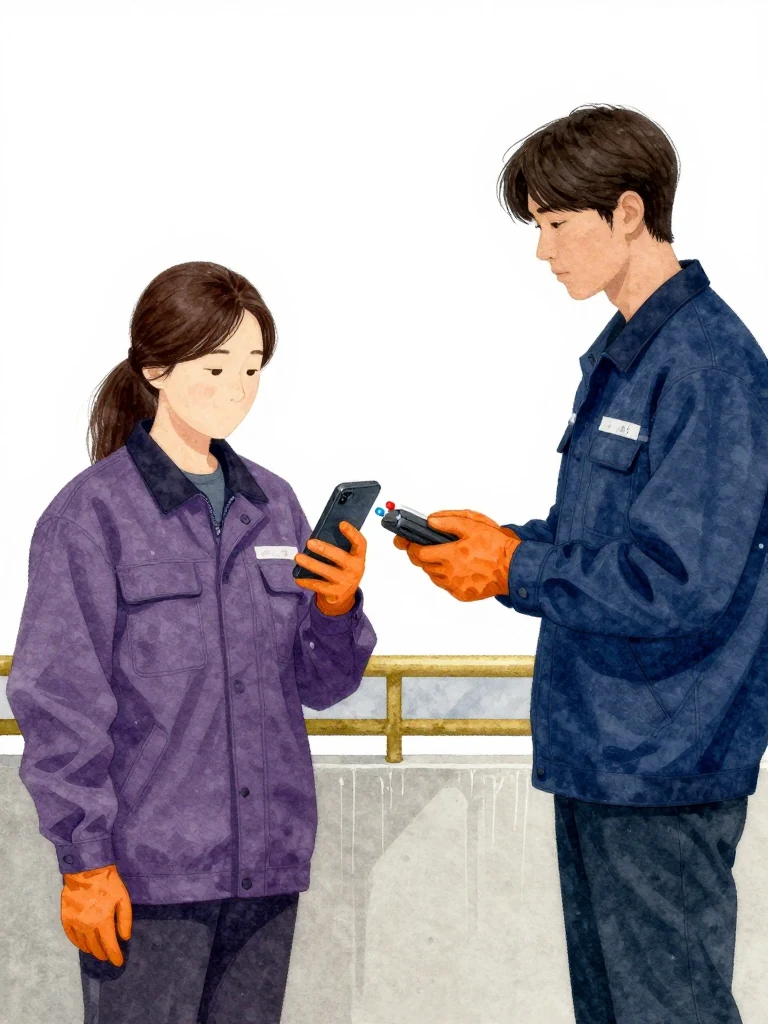 목서라 presents a dark phone with its surface angled away while 서이안 aligns a handheld terminal beside it. Separate status lamps mark the later contact and earlier access opening through their physical sequence. Cool station light catches orange rainwear, gloved hands, sealed devices, and the tight interval linking an insider to the changed cleaning shift. Setting: 무진선 남천역 7번 승강장.