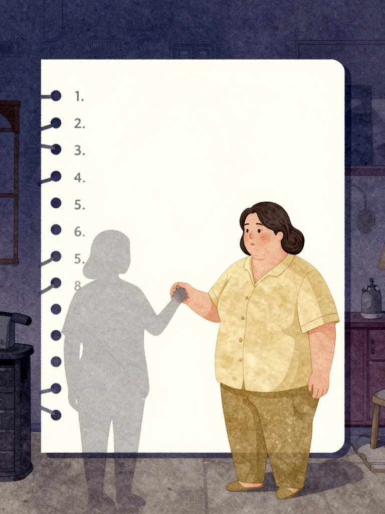 한윤서 stands upright, hand resting on the final line of a completed list containing eleven items. The room is dimly lit, quiet, and still. The atmosphere feels final and focused. The composition keeps every visible silhouette spatially distinct and clearly legible.
