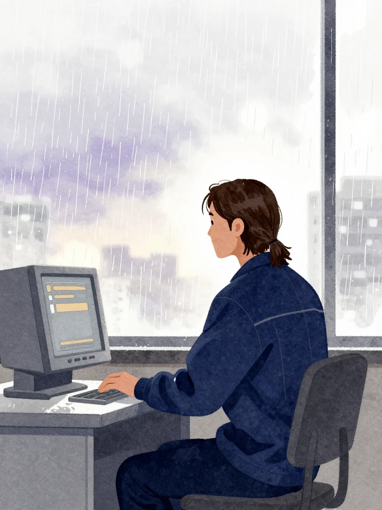 서이안, , sits before a terminal, gazing out a window at falling rain. His hand hovers near the input fields. Dawn approaches, rain streaks the glass. The air is still, heavy, and expectant. The composition keeps every visible silhouette spatially distinct and clearly legible.