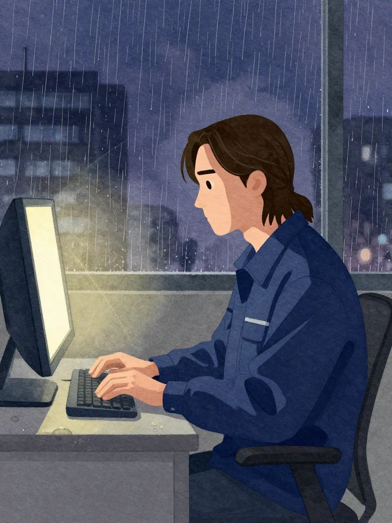 서이안 sits at a terminal, fingers still hovering over keys. Rain streaks the window behind. The room is dim, lit only by the monitor's glow. The air feels heavy with unspoken tension. The composition keeps every visible silhouette spatially distinct and clearly legible.