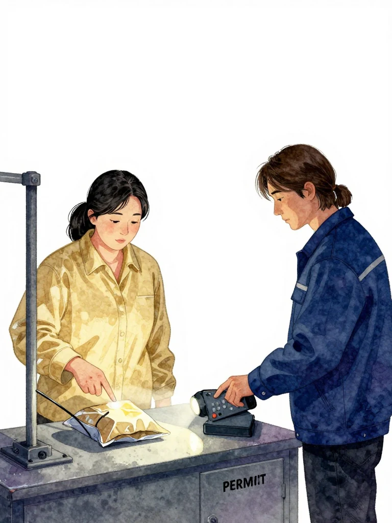 한윤서 points from the new steel support to a closed construction packet resting face-down on a service table. 서이안 reaches for a handheld terminal and pauses over the traceable inquiry control. Flashlight beams connect support, drainage groove, sealed packet, and permit cabinet, turning a missing reasoning step into a concrete chain of authorized work. Setting: 무진선 남천역 7번 승강장.