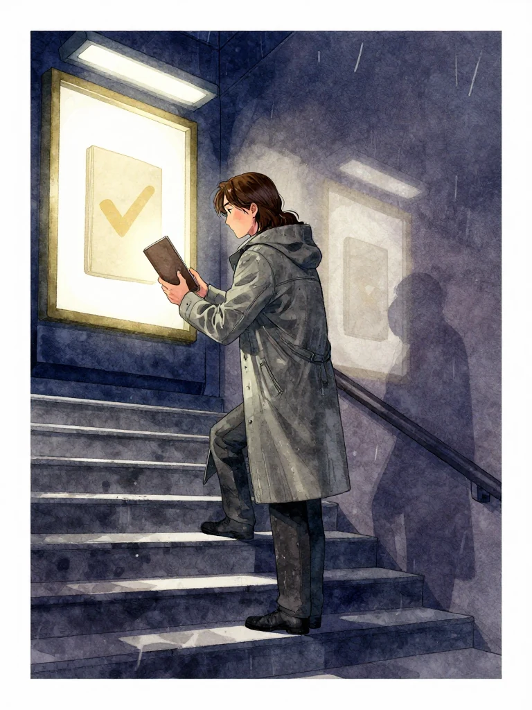 한재온 stands halfway down a staircase, holding a closed featureless bound object, and leans forward to press their face against a glowing surface displaying an approval closed featureless bound object. The scene is dimly lit, with cold fluorescent light casting sharp shadows.