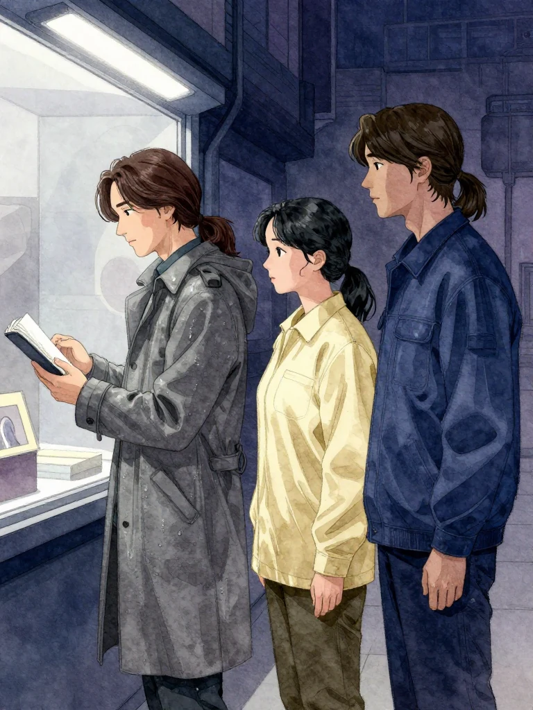 한재온 stands still, eyes fixed on the display, holding a closed featureless bound object. 한윤서 leans forward slightly, gaze locked on the same person. 서이안 stands beside them, silent, posture alert. Fluorescent lights cast cold glow over the scene. Background is dim, focused on the three characters and the display.
