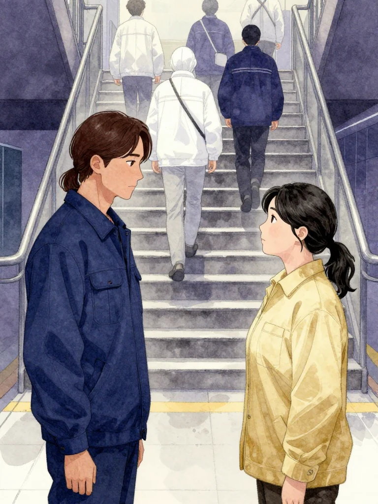 서이안 stands still, eyes locked on 한윤서, who remains motionless beside a list. Behind them, six fluorescent-jacketed figures descend the stairs toward the platform. The air is still, dawn light faint, and the silence before their arrival hangs heavy.