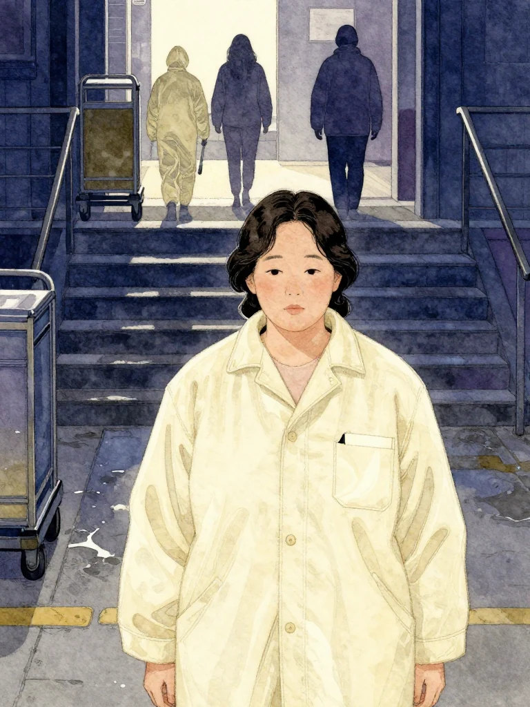 한윤서 stands still, coat pocket concealing a tag whose first groove pulses faintly through fabric. Behind, fluorescent-jacketed figures descend stairs toward platform seven. Dawn light glints off metal carts and wet pavement. The composition keeps every visible silhouette spatially distinct and clearly legible. Visible objects: 내일의 상주 동패.