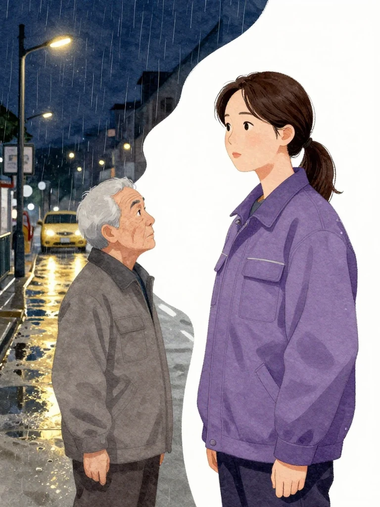 목서라 stands still, face turned toward an elderly man who gazes at her intently. Rain-slicked pavement reflects the fluorescent glow of nearby lights. A wet control tape glows faintly in the background. Her expression is neutral, eyes fixed ahead.