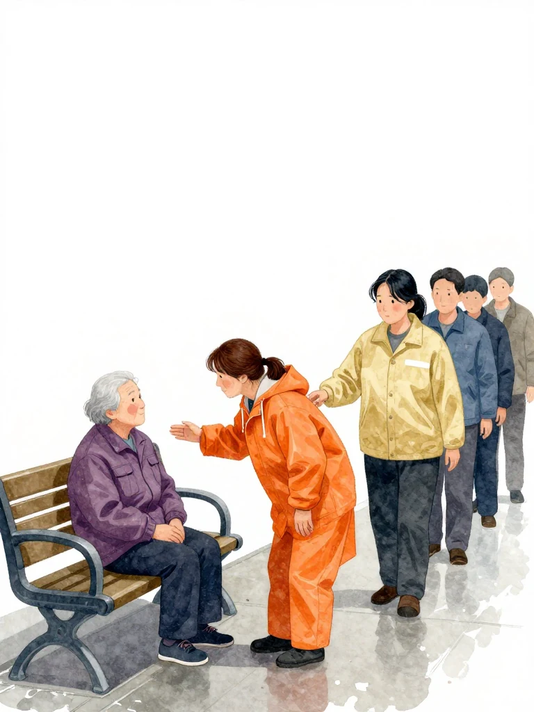 목서라 in orange rainwear bends toward an unnamed elderly commuter and gestures toward the safer southern bench while 한윤서 guides an unnamed laborer into the evacuation line. A black mourning line shows at the second person's wrist beneath the sleeve. Cool platform light catches practical shoes, damp concrete, and the slow orderly movement of vulnerable commuters. Setting: 무진선 남천역 7번 승강장.