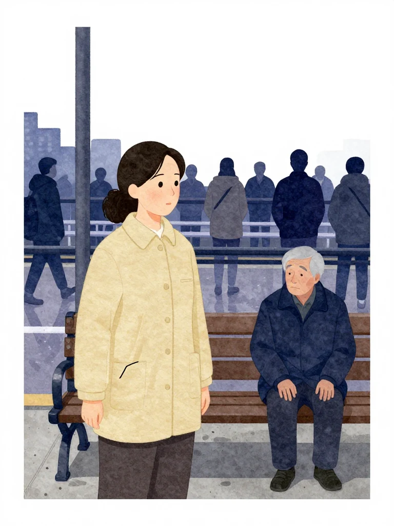 한윤서 passes the southern bench and pauses beside an unnamed elderly commuter whose gaze rests on the black line visible below the same person's sleeve. The elder remains seated within the safer zone while evacuation continues behind them. Flat morning light, wet concrete, railings, and ordinary winter layers hold the brief exchange about a visible debt. Setting: 무진선 남천역 7번 승강장.