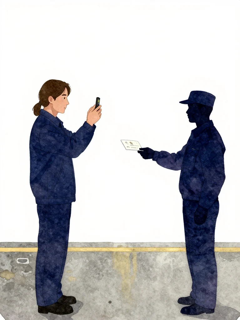 서이안 holds up a device to record, standing still as a uniformed figure extends a permit. The setting is concrete under artificial light. The device's display glows faintly. The composition keeps every visible silhouette spatially distinct and clearly legible.