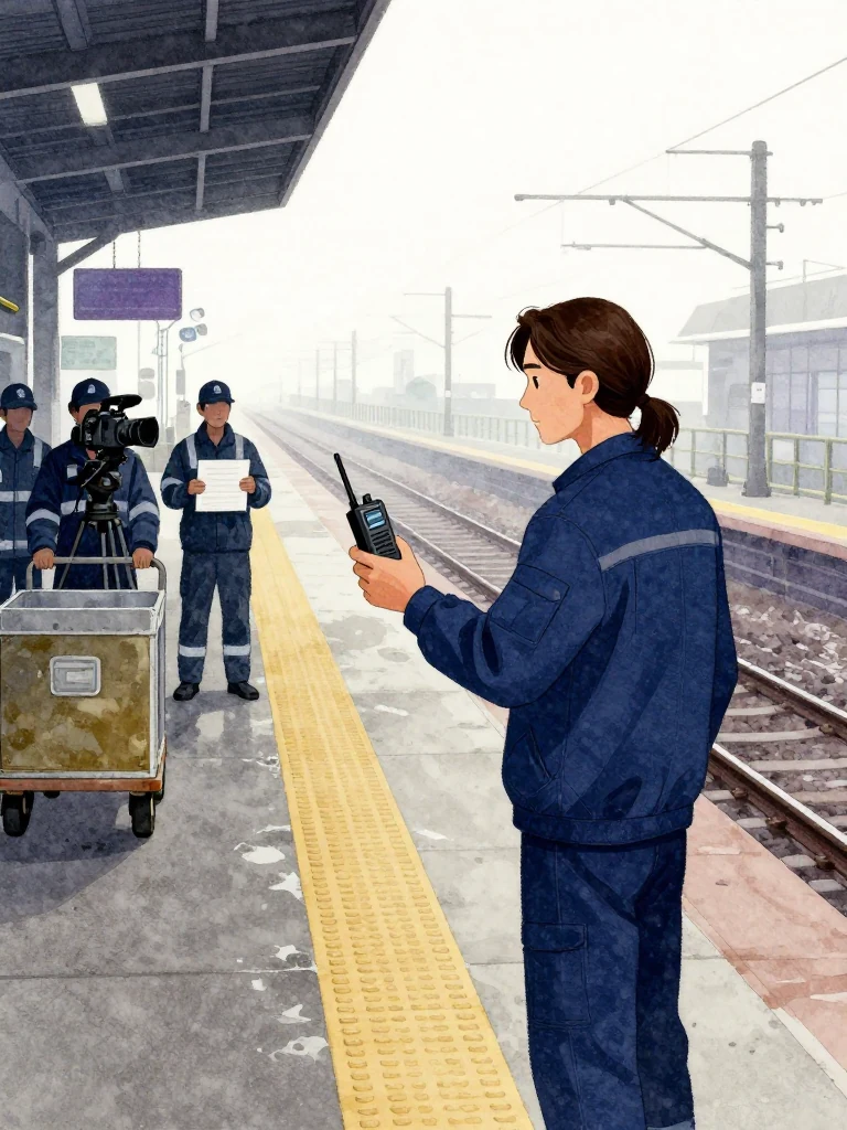 서이안 faces an unnamed recovery-team lead across the platform control line and gestures toward the lead's new chest radio. Four unnamed workers stop behind their carts while safety staff hold the northern route. The radio indicator dims under cold station light as cameras, practical uniforms, and a plain work order held face-down preserve the procedural standoff. Setting: 무진선 남천역 7번 승강장.