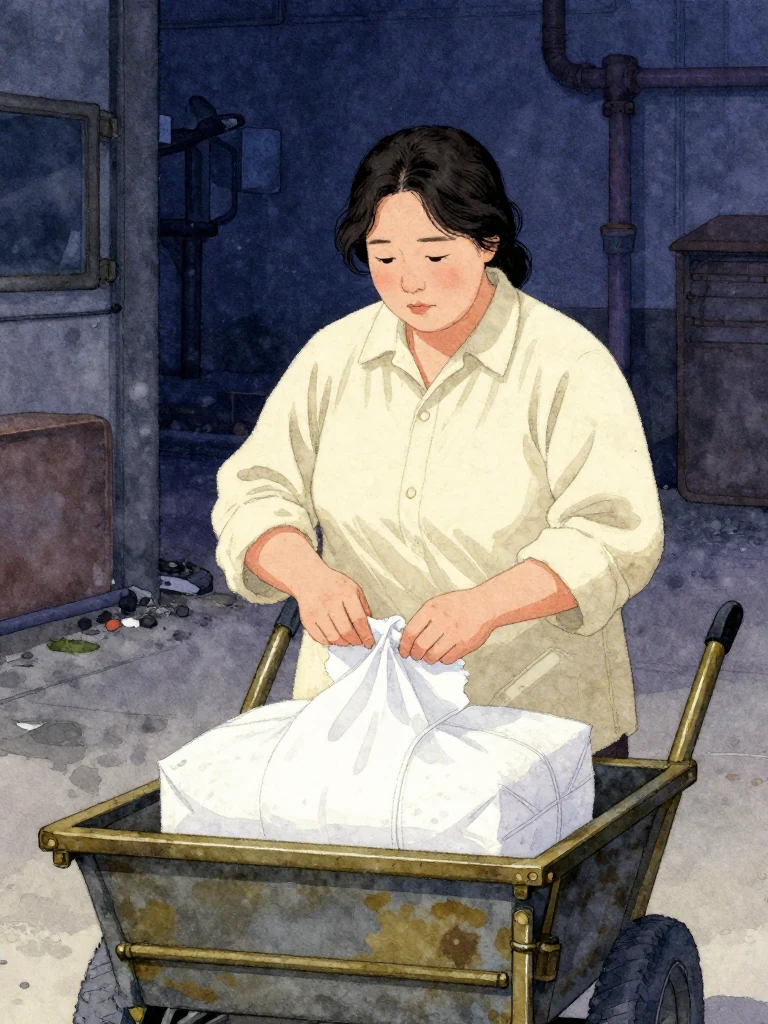 한윤서 stands at the front of a cart, unfolding a sealed bundle while recording a response. The setting is dimly lit, likely indoors, with muted tones and industrial materials. A faint scent of ash lingers in the air. The character's posture is focused, hands steady, eyes fixed on the bundle's contents.