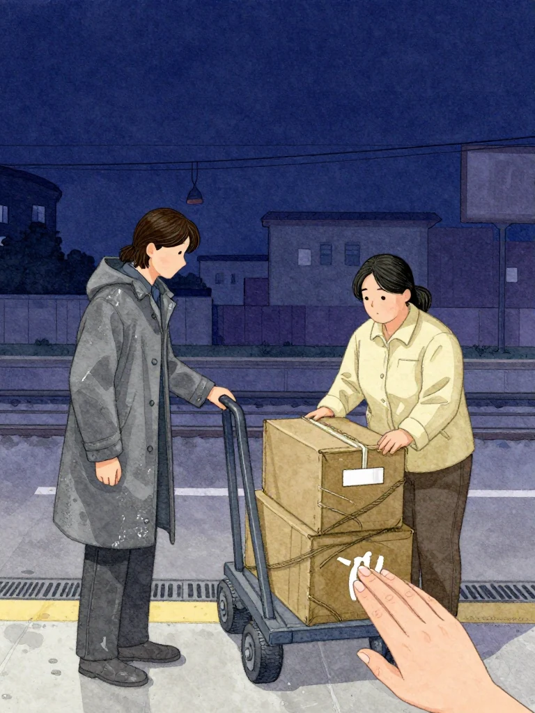 한재온 approaches the control line from the waiting area while 한윤서 tilts one rope-bound archive box in place on the heavy cart. One hand covers the chalked destination mark along the bottom corner, leaving only a pale smudge visible. Cold station light catches cart wheels, tied annual volumes, damp concrete, and the lower drainage route beyond. Setting: 무진선 남천역 7번 승강장.