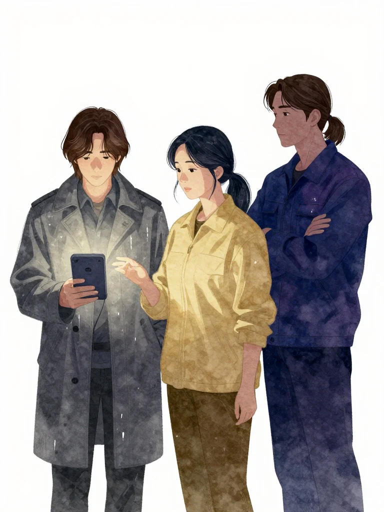 한재온 stands still, eyes fixed on a glowing device. 한윤서 leans slightly forward, hand hovering near it. 서이안 observes from behind, arms crossed. The device emits soft light, casting faint reflections. The composition keeps every visible silhouette spatially distinct and clearly legible.