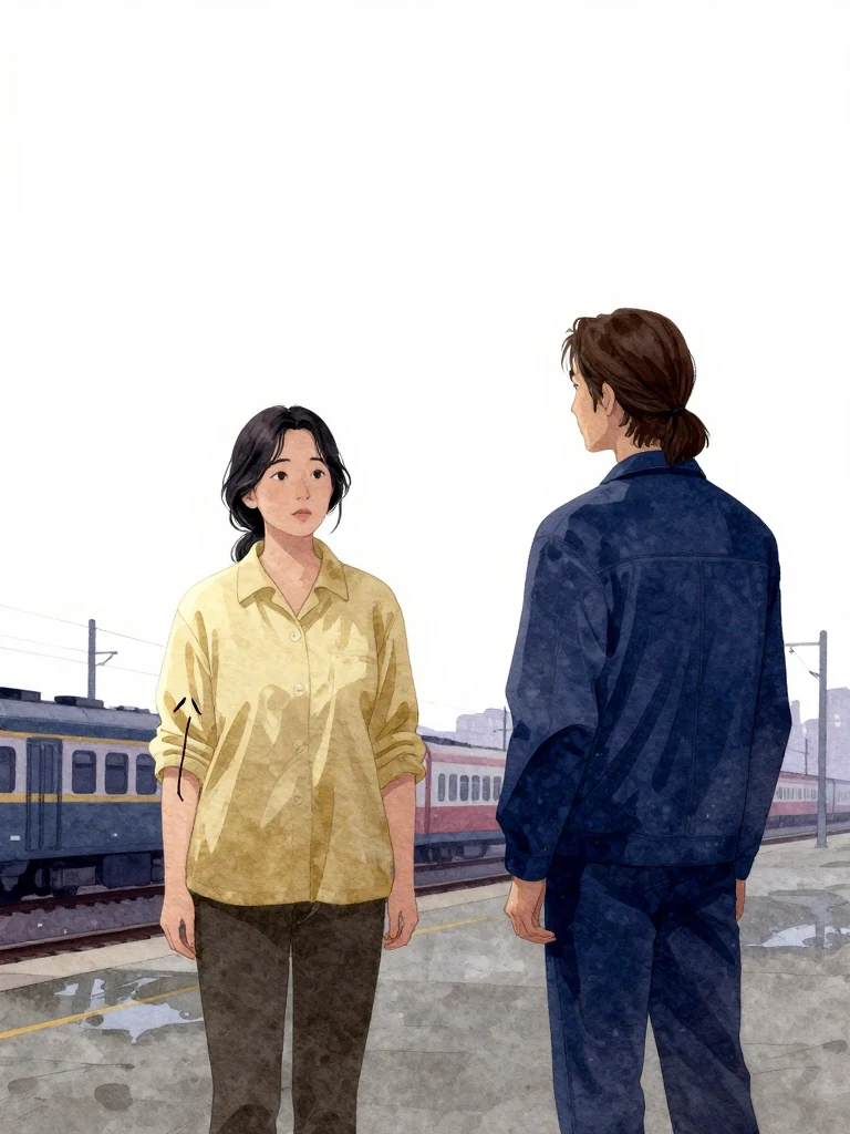 한윤서 stands still, sleeve rolled up, a black line rising from her wrist toward elbow and heart. 서이안 steps back slightly, facing her. Damp concrete platform underfoot, early morning light dim, distant train vibration faint as underwater sound. Setting: 무진선 남천역 7번 승강장.