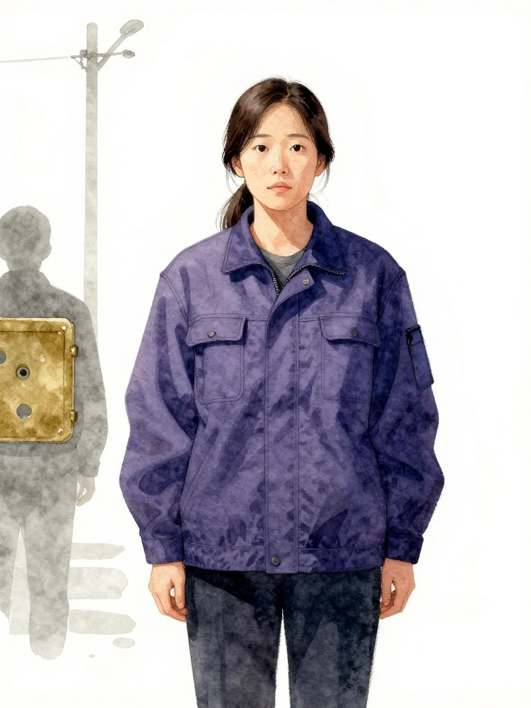 목서라 stands alone in dim light, posture rigid, gaze forward as if addressing unseen authority. The air holds weight of unspoken defiance, silence pressing like held breath. The composition keeps every visible silhouette spatially distinct and clearly legible.