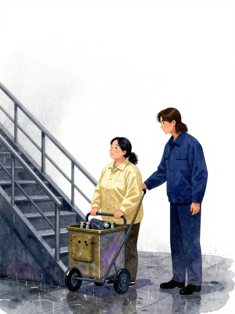 한윤서 stands at the base of a northern staircase, eyes scanning a cart and the path above. 서이안 stands beside, posture tense, confirming the timing. The air is still, the light dim, and the ground beneath them is wet with rain. A faint echo of water drips from above, growing louder. The staircase is metal, cold, and slick. The sealed instrument housing works four minutes.