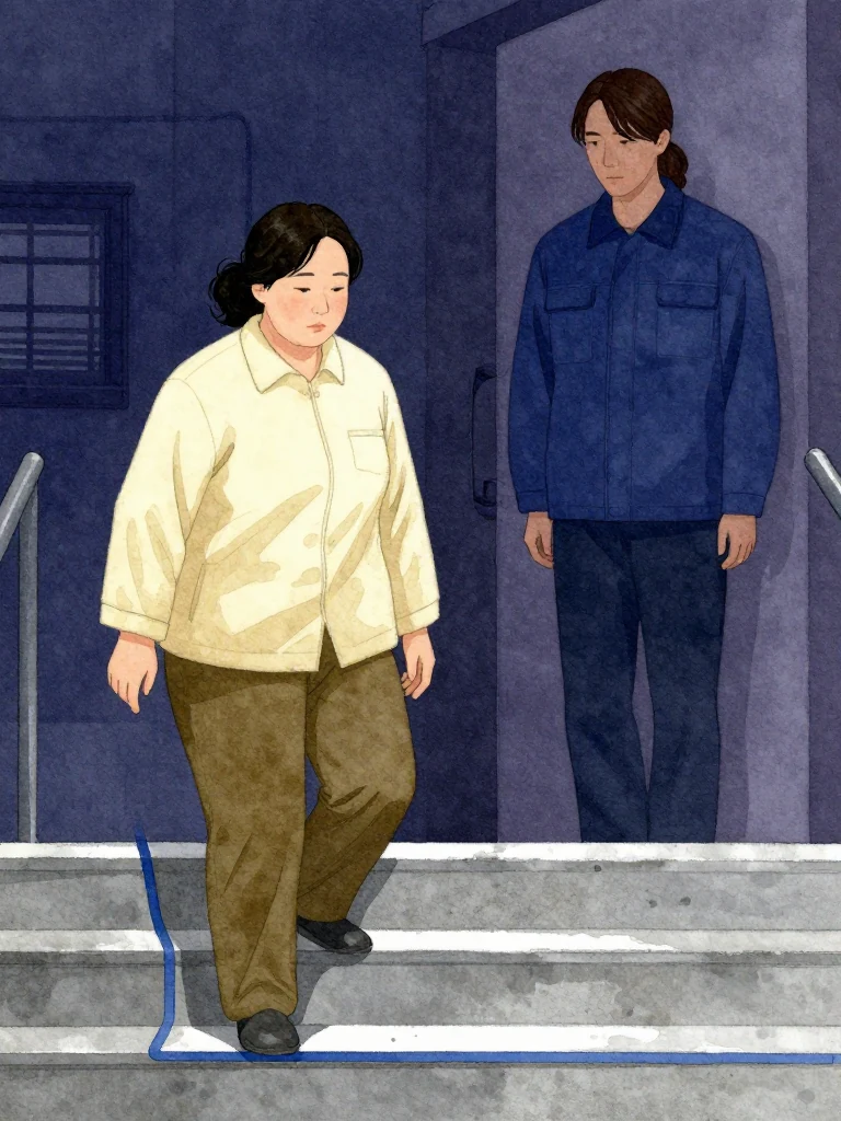 한윤서 stands at the first step of a staircase, one foot raised, as a blue line from a mobility barrier follows the length of a slow step. Behind, 서이안's final entry log echoes in the air. The light is dim, the step's edge cold metal underfoot.