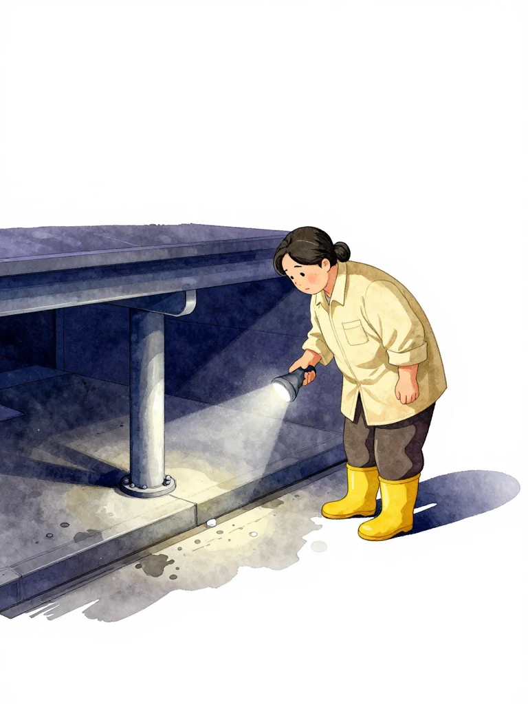 한윤서 holds a flashlight on the newly installed silver support beneath the platform while an unnamed short elderly cleaning lead in yellow rubber boots steps closer to inspect it. Smooth fresh coating and clean bolts reflect the beam above old water stains. The service alcove, drainage edge, and practiced worker's stance establish ownership of the threatened space. Setting: 무진선 남천역 7번 승강장.