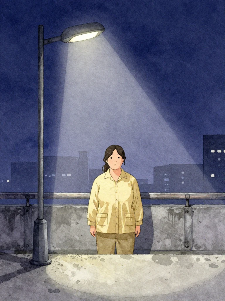 한윤서 stands motionless before a metal beam, eyes fixed on the ground, breath held. The platform's worn concrete glows under dawn light. A single streetlamp casts a cold beam. The air holds still, heavy with unspoken urgency. Setting: 무진선 남천역 7번 승강장.
