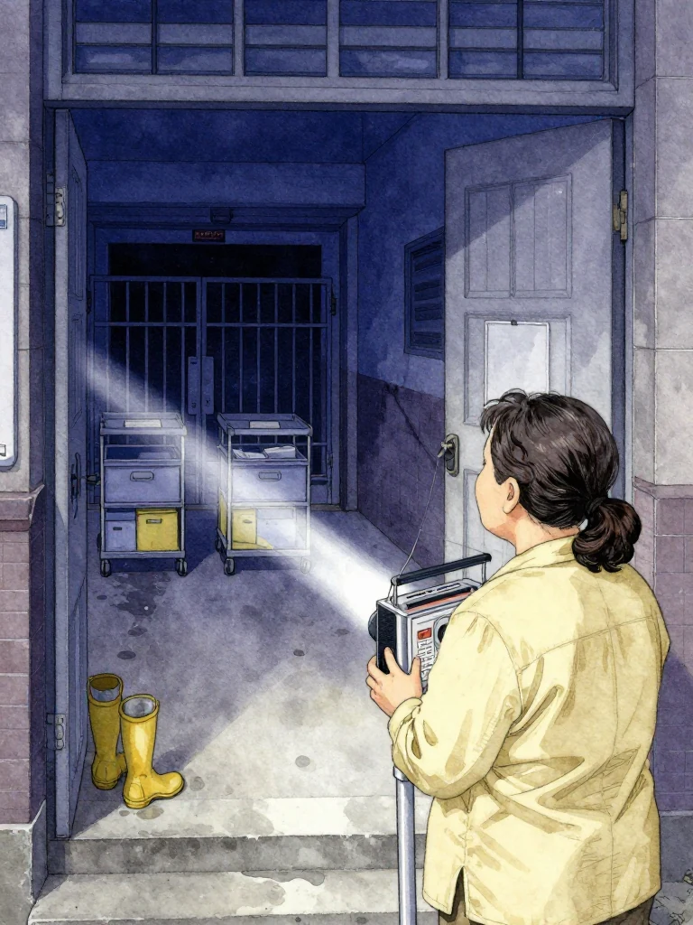 한윤서 listens to a compact radio beside the silver support and looks toward an unnamed short elderly cleaning lead under the service door. The device carries a remote inspector's update while two archive carts recede toward the distant gate. Flashlight beams, wet concrete, yellow rubber boots, and the open stair route frame the immediate choice of a life over evidence. Setting: 무진선 남천역 7번 승강장.